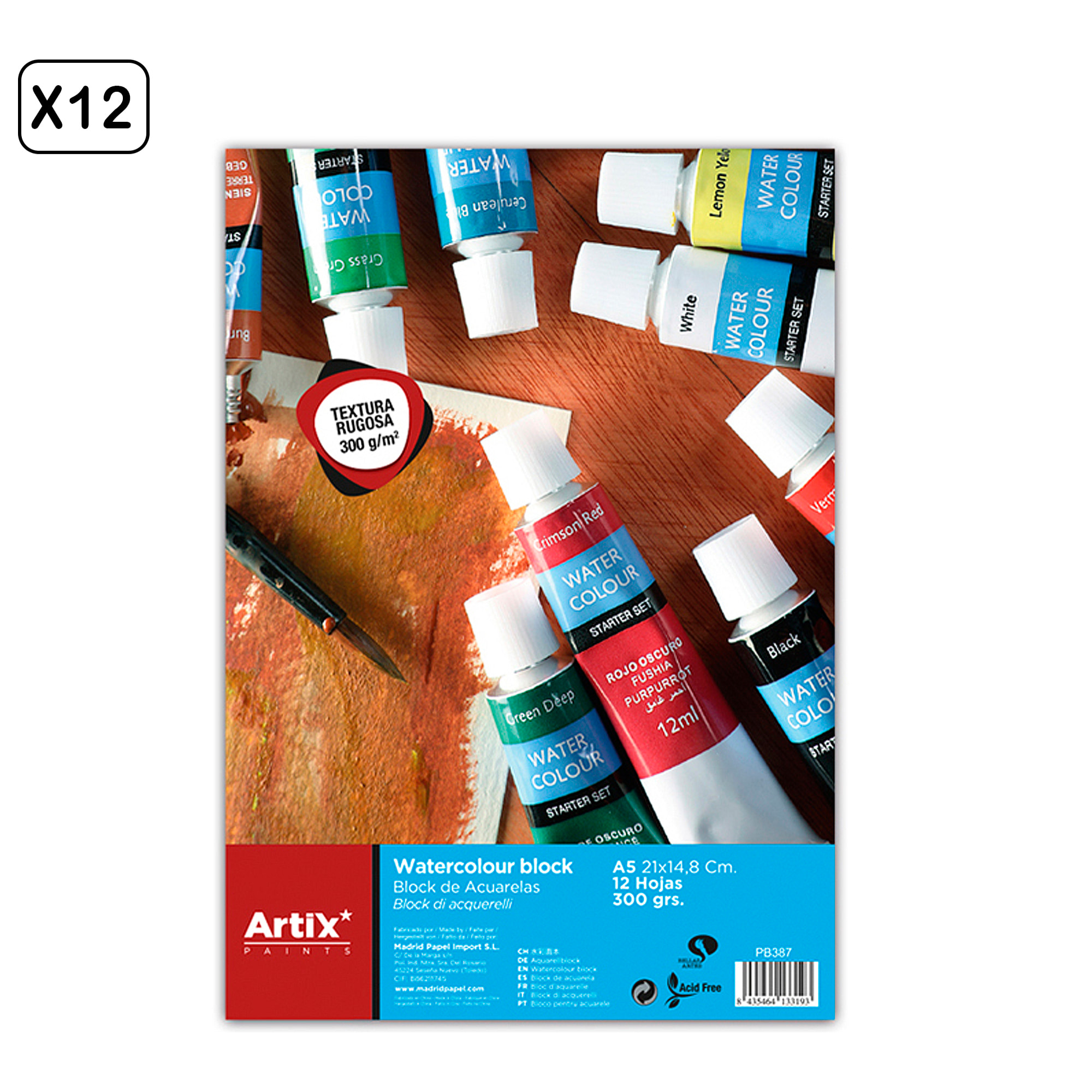 PACK 12 UDS BLOCCO ACQUARELLA A5 TEXTURA RUVIDA 300 g/m²