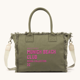 Bolso Shopper Caqui de Algodón Reciclado con Flecos y Bordado Rosa SCUBA KHAKI SHOPPER