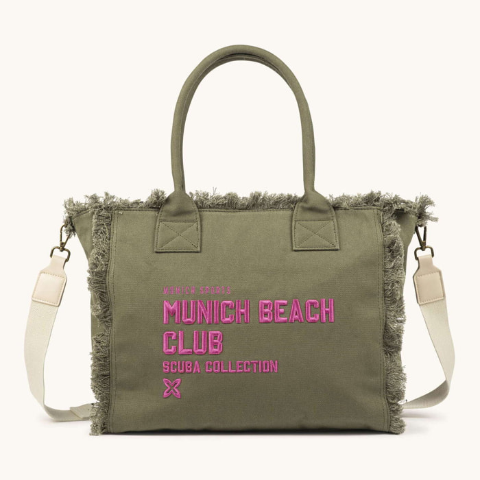 Bolso Shopper Caqui de Algodón Reciclado con Flecos y Bordado Rosa SCUBA KHAKI SHOPPER
