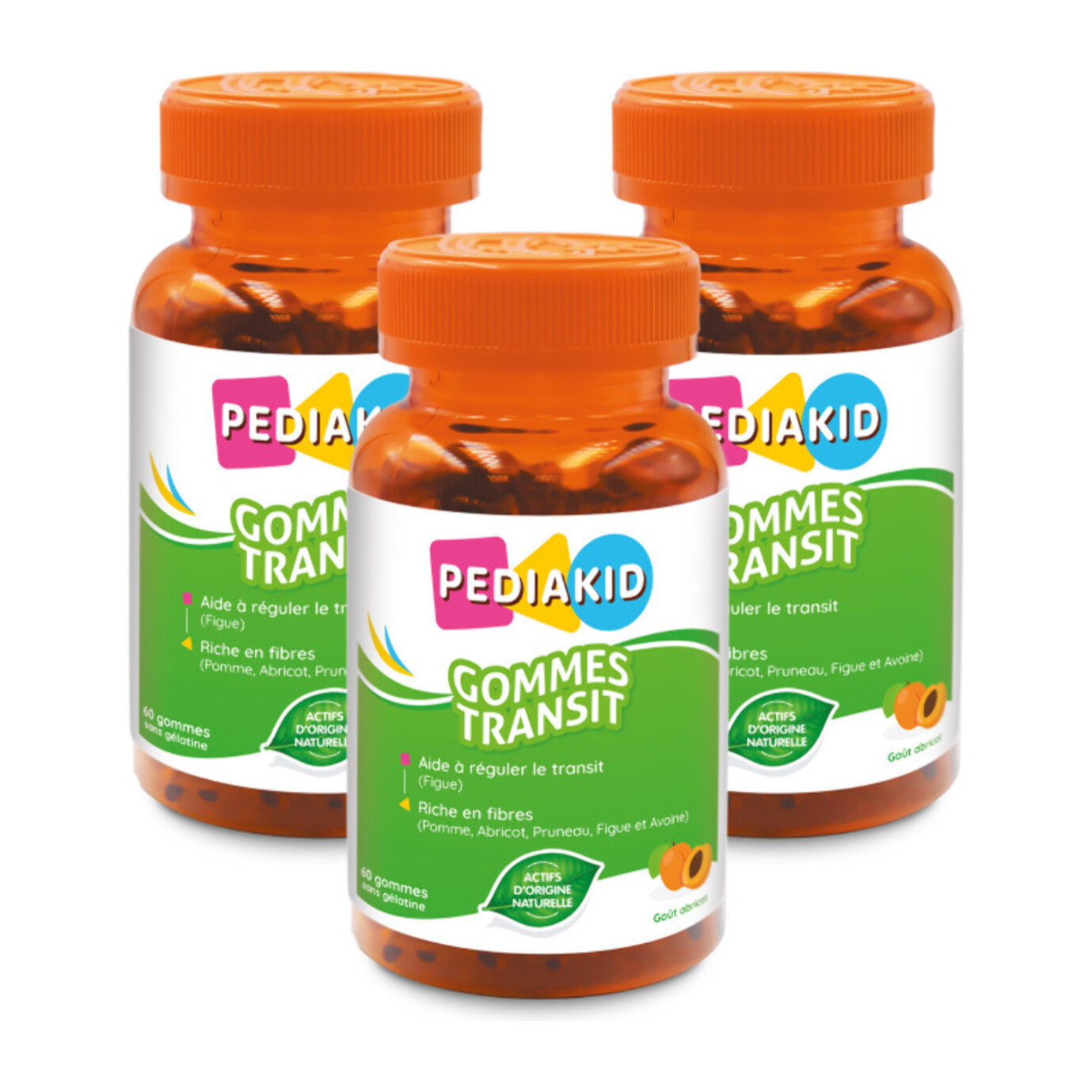 PEDIAKID - Gommes Transit - Complément alimentaire à base de fruits et d'Avoine - Riche en fibres - Aide à réguler le transit intestinal - Arôme naturel abricot - 60 gommes - Lot de 3