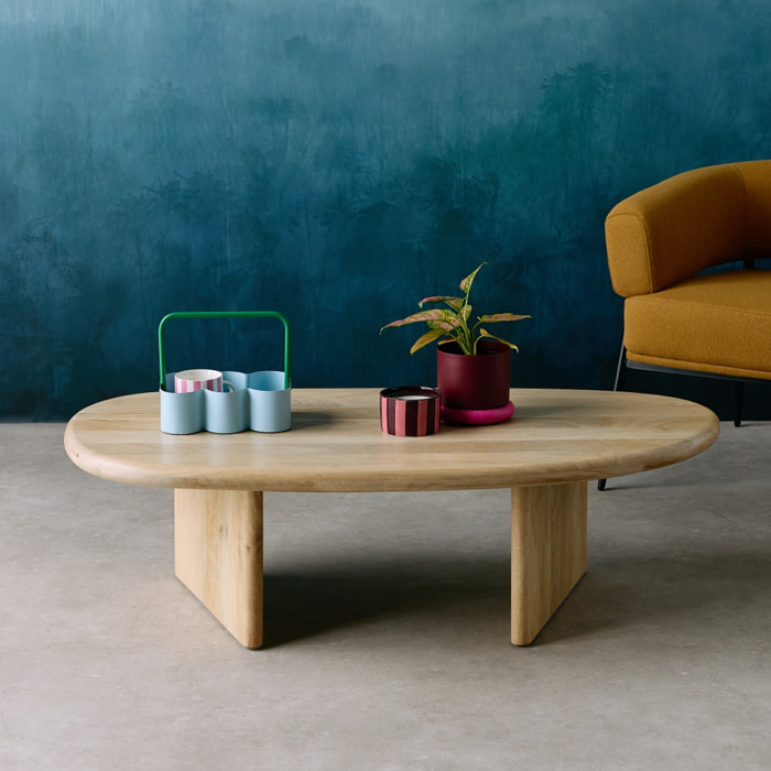 Table basse ovale bois de manguier naturel. L 119.5 x P 60 x H 35cm