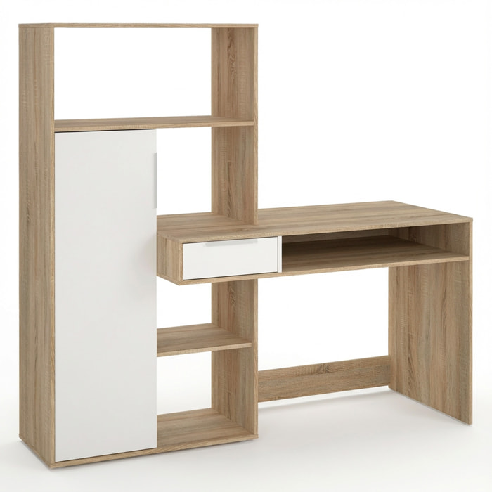 Scrivania Con Libreria Integrata Cassetto E Mobile con Ante Desk Multifunzionale Per Home Office E Studio 162.8 x 60.35 x 155.4 Cm Bianco e Rovere