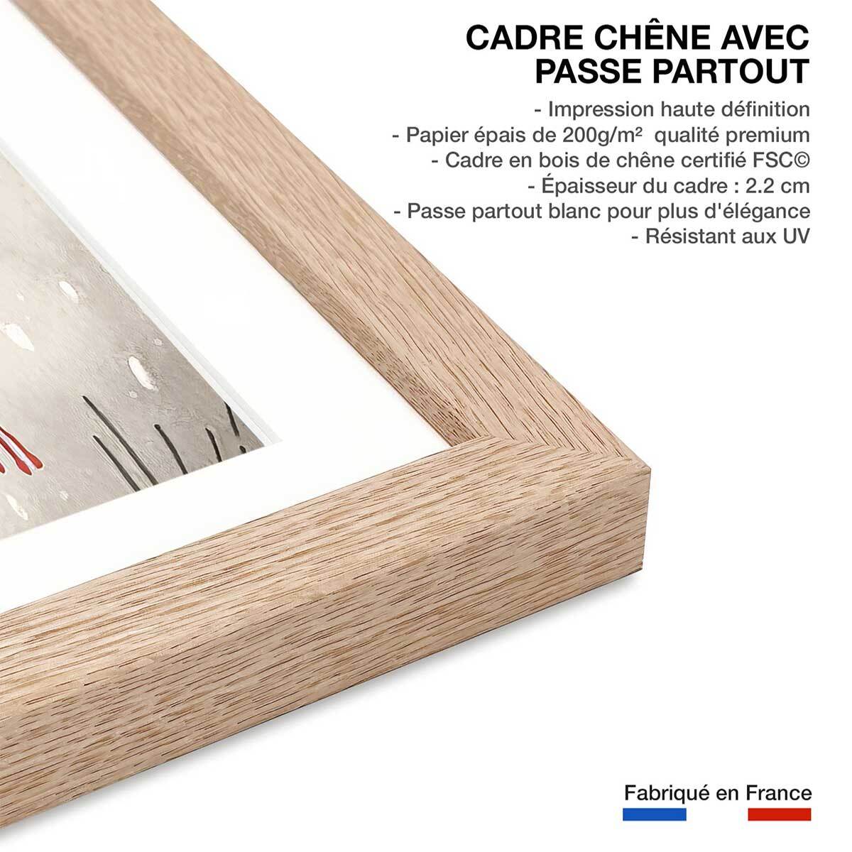 Affiche enfant lama sous la neige  Affiche + cadre en bois - Chêne