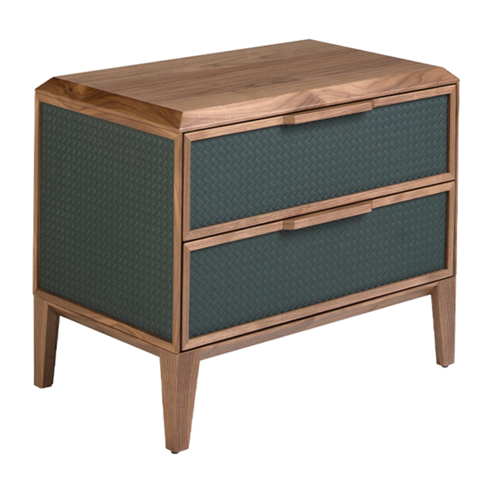 Mesita de noche Angel Cerdá con estructura de PVC en verde oscuro y patas de madera chapada en nogal natural 60x40x51cm