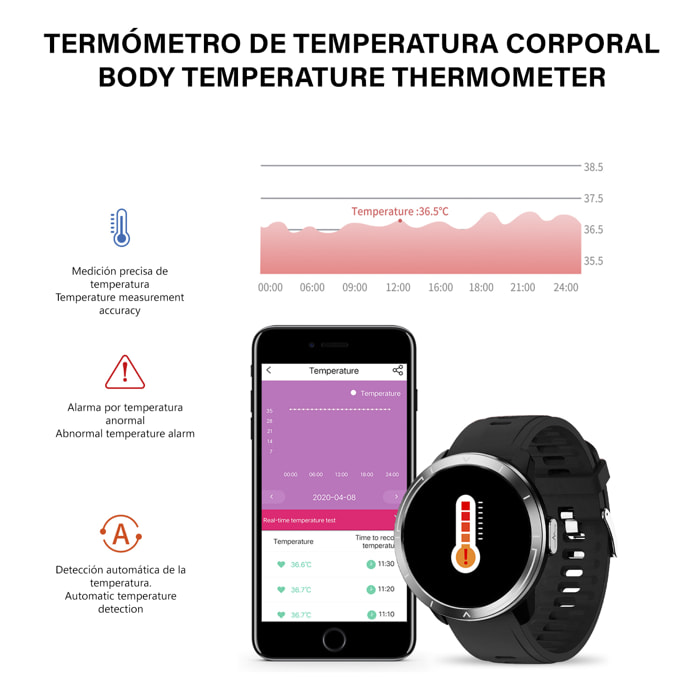 Smartwatch M18 Plus con termometro corporeo, frequenza respiratoria, pressione sanguigna e O2. Modalità multisport.