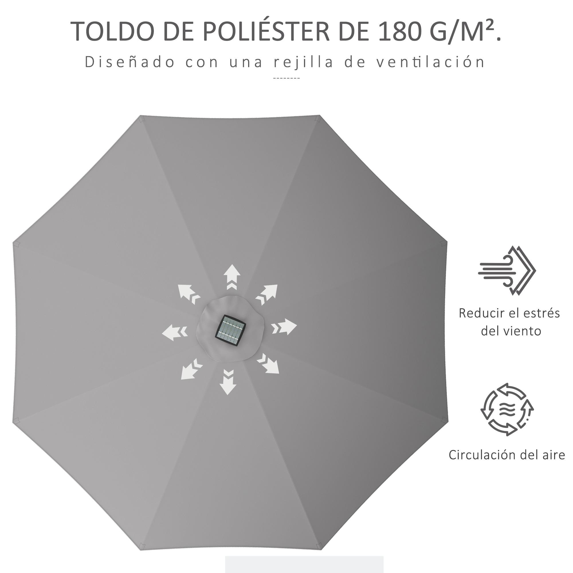 Sombrilla de Jardín Ø265x240 cm Parasol de Terraza con Luces LED Solares Manivela e Impermeable para Piscina Patio Gris Claro