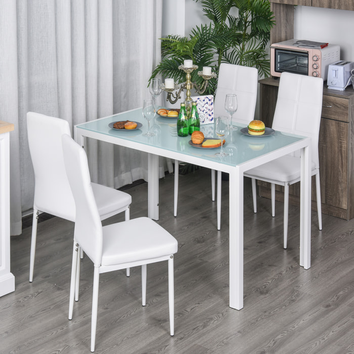 Conjunto de Comedor Mesa y 4 Sillas 5 Piezas Juego de Mueble de Cocina Mesa Rectangular de Vidrio Templado y Sillas Tapizadas en PU con Patas de Metal Blanco