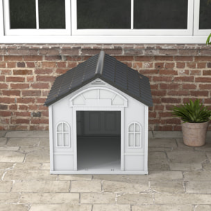 Niche chien style cottage - motifs fenêtres, porte, aération - PP blanc gris