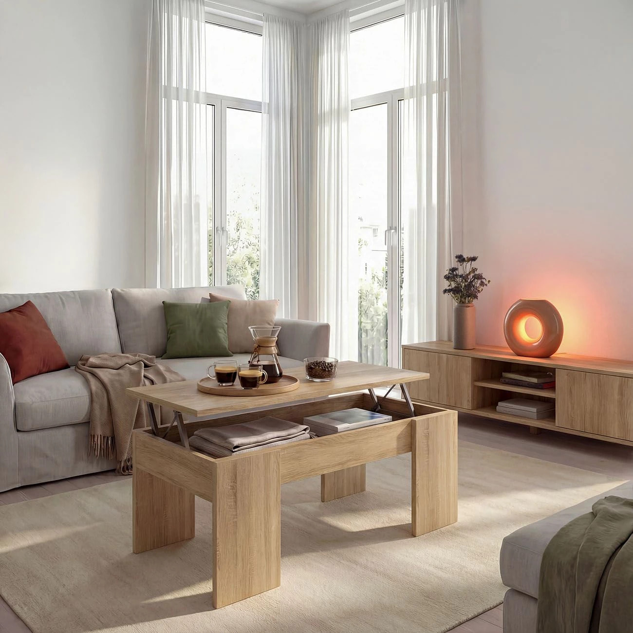 Mesa de centro elevable con almacenaje en roble canadian 100x45-56 cm Vita Roble Canadian