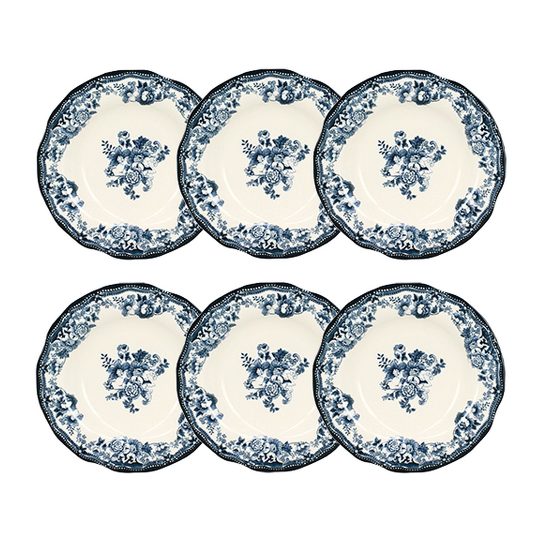 Lot de 6 assiettes creuses fleuries en grès bleu 22cm FAUSTINE
