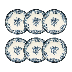 Lot de 6 assiettes creuses fleuries en grès bleu 22cm FAUSTINE