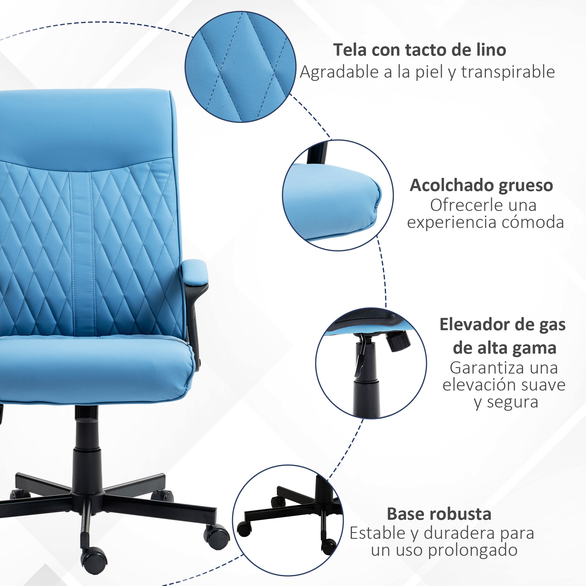 Silla de Oficina Giratoria Silla de Escritorio Basculante Tapizado en PU con Respaldo Alto y Altura Ajustable para Salón Oficina Carga 120 kg 65x72x102-112,5 cm Azul