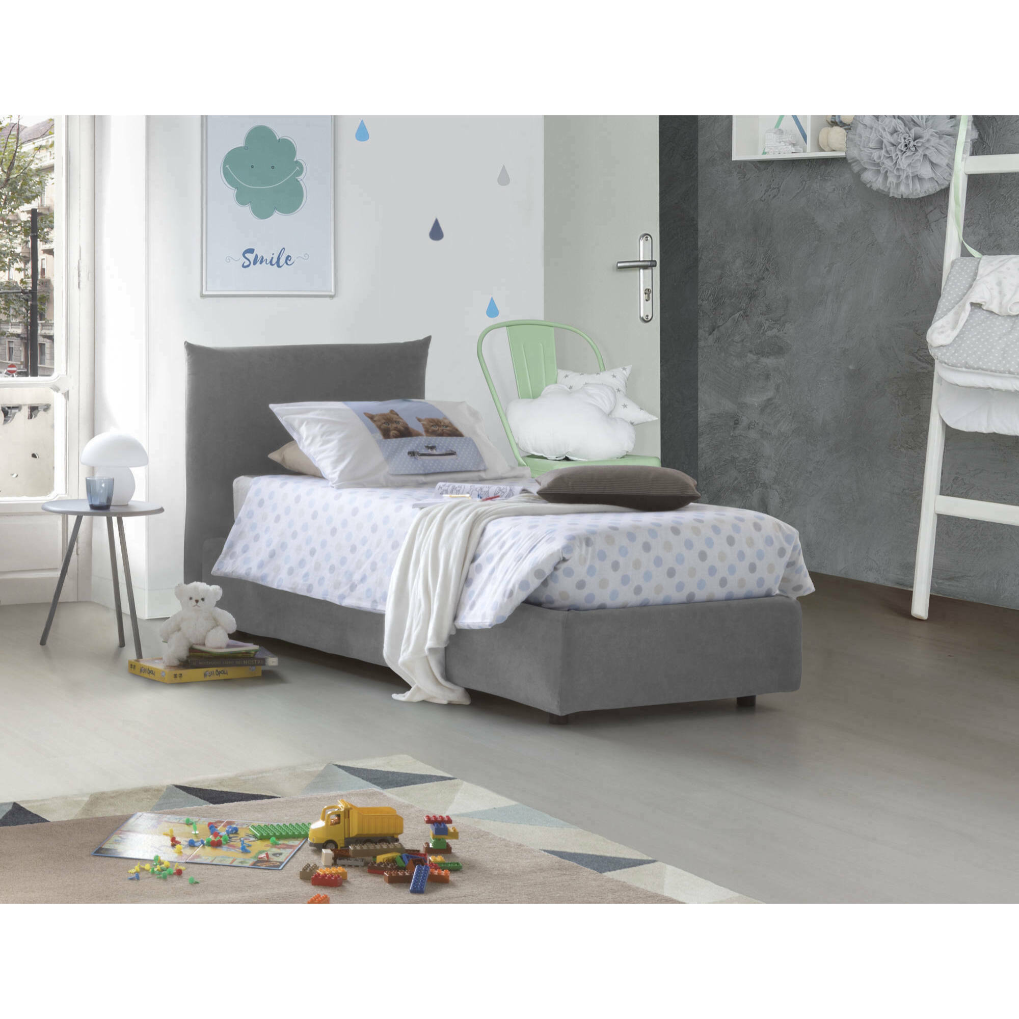 Letto singolo Cosetta, Letto contenitore con rivestimento in tessuto, 100% Made in Italy, Apertura laterale, con materasso Cm 80x190 incluso, Grigio