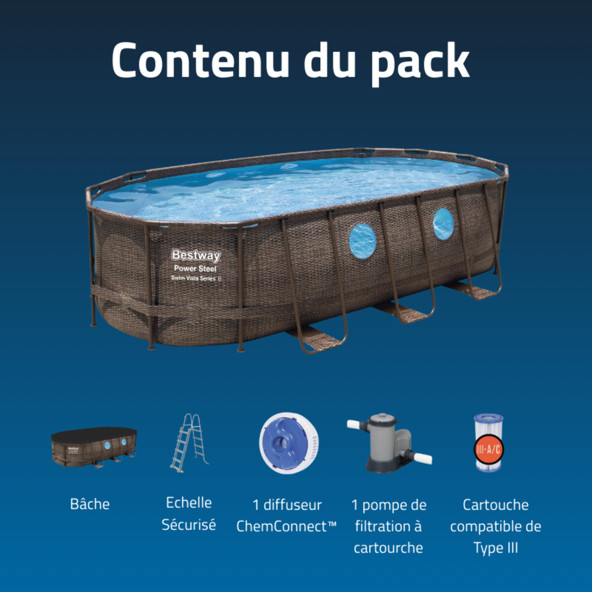 Bestway Piscine hors sol tubulaire ovale Bestway Power Steel Swim Vista 549 x 274 x 122 cm décor rotin