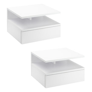 Lot de 2 tables de chevet murales - lot de 2 tables de nuit - tiroir coulissant, niche et plateau - panneau particules blanc