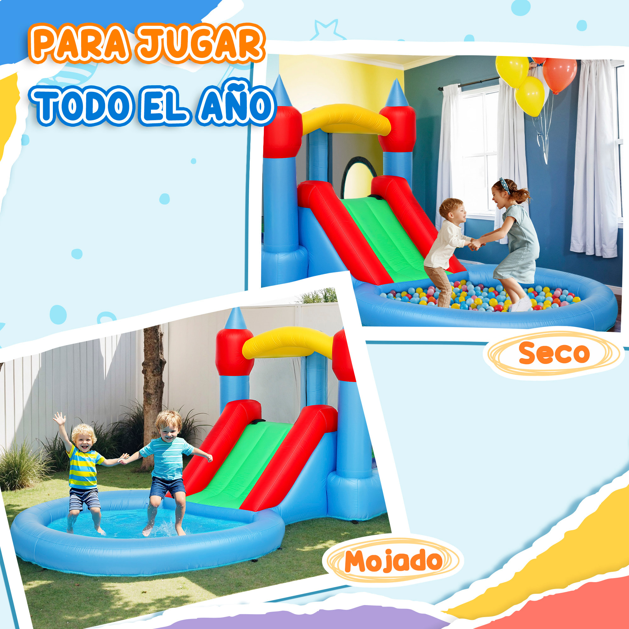 Castillo Hinchable con Soplador 4 en 1 Castillo Inflable para Niños con Tobogán Foso de Bolas Canasta y Bolsa de Transporte para Exterior Interior 415x205x190 cm