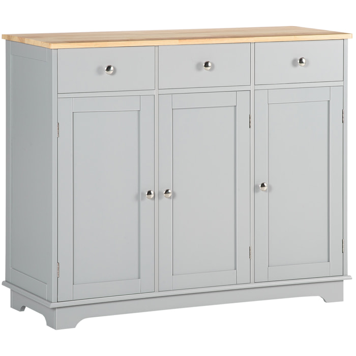 Aparador de Cocina con 3 Cajones 3 Puertas y Estantes Ajustables Mueble Auxiliar de Almacenaje para Comedor Salón Estilo Moderno Antivuelco 101x40x85 cm Gris