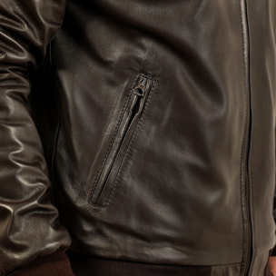 Giubbino in vera pelle di vitello foderato con trapunta invernale Marrone-Slim Fit