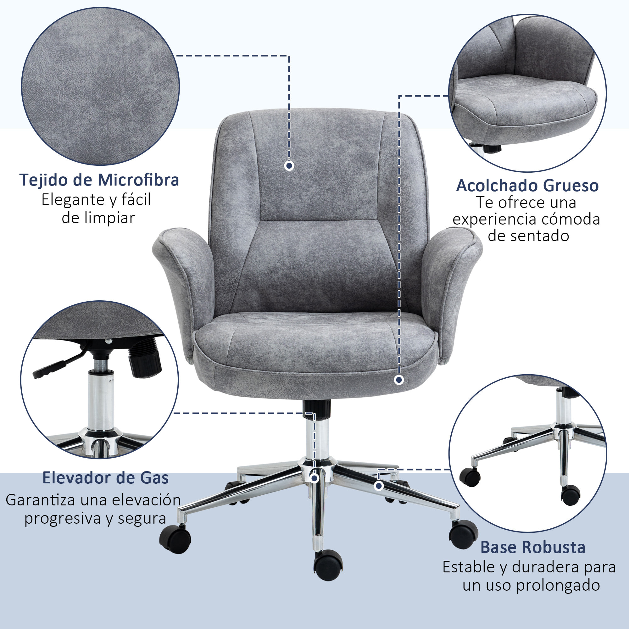 Vinsetto Silla de Oficina Ergonómica Silla Escritorio Giratoria y Ajustable en Altura con Asiento Reposabrazos y Respaldo Acolchados 67x69x92-102 cm Gris