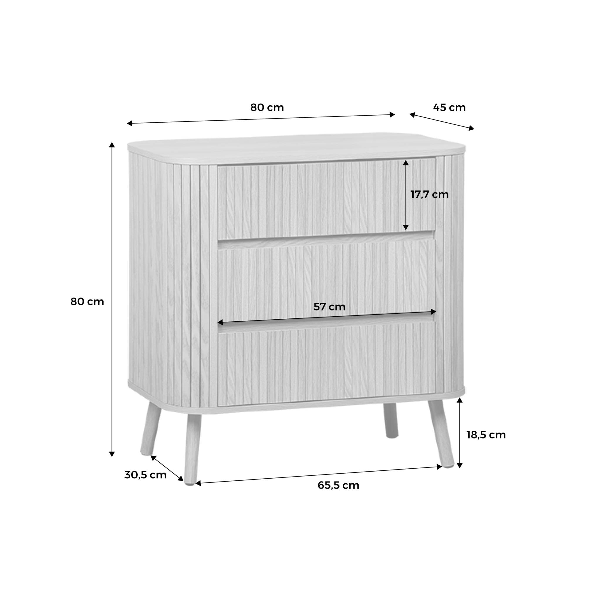 Commode 3 tiroirs. décor strié noyer. L 80x P 45  H 80cm