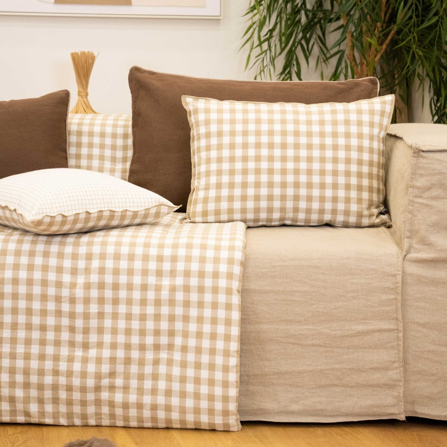 Édredon motif vichy en coton - Naturel