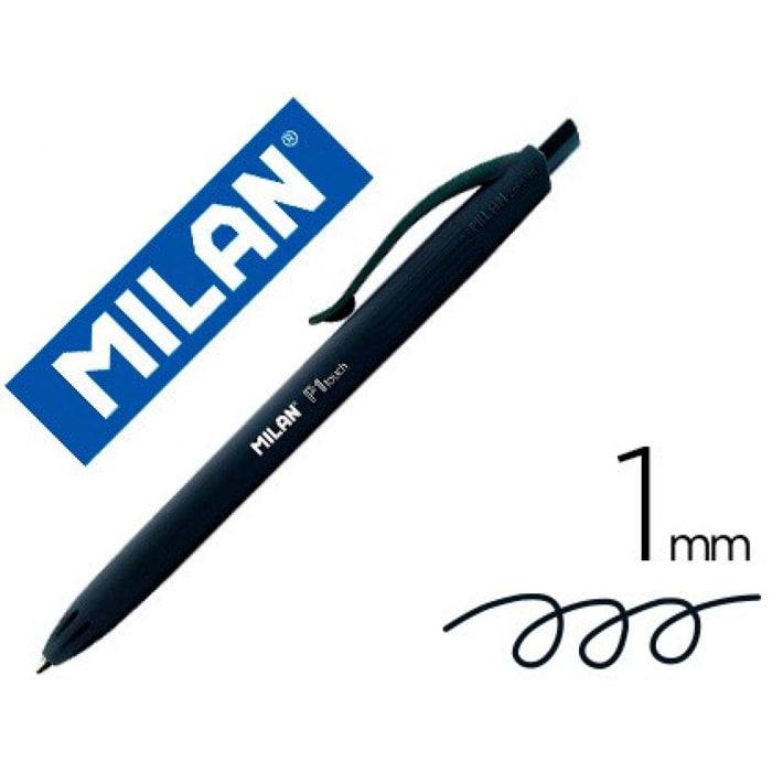 Boligrafo milan p1 retractil 1 mm touch negro (Pack de 25 uds.)