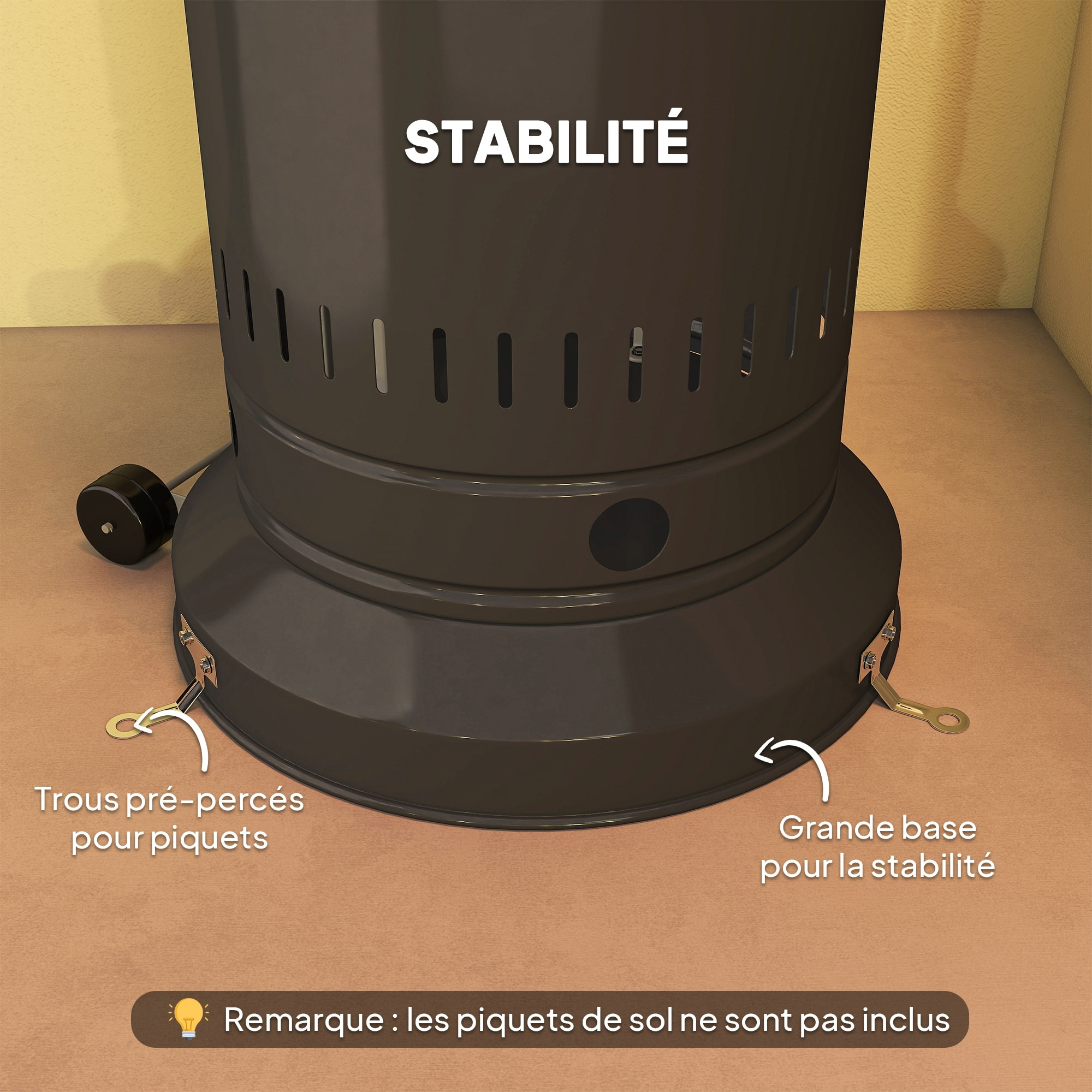 Parasol chauffant gaz mobile 2 roulettes 11 kW allumage piézo électrique H.223cm métal noir alu.