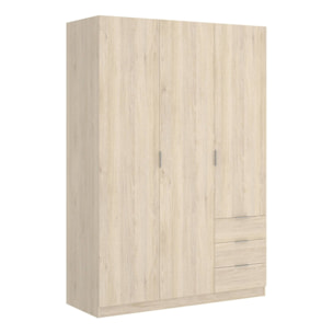 Guardaroba Cimone, Mobile appendiabiti per camera da letto, Armadio a 3 ante battenti e 3 cassetti, 121x52h184 cm, Rovere