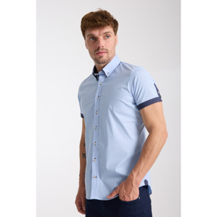 camicia uomo slim 1 bottone button down doppio collo Popeline Stretch Unito Celeste