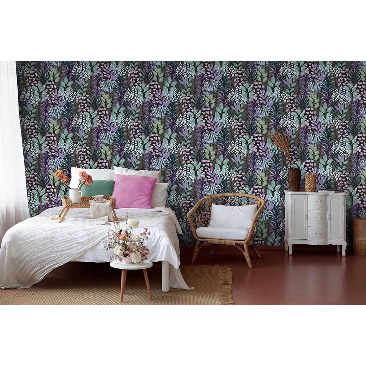 Papier peint feuillage aquarelle nuit violet