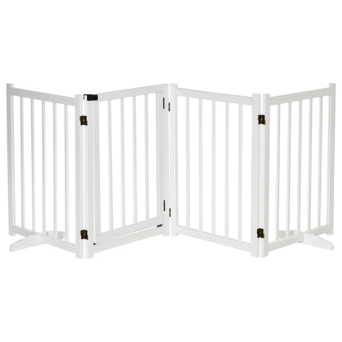PawHut Barrera para Perros Plegable Valla para Perros Pequeños y Medianos de 4 Paneles con Puerta Barrera de Seguridad de Madera para Escaleras Pasillos 237,5x36x80 cm Blanco
