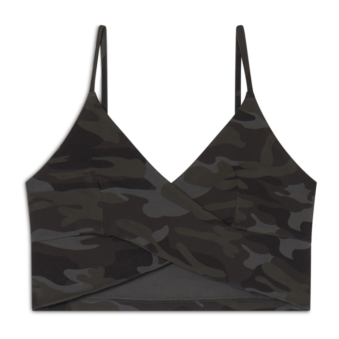 Top cropped fantasia camo con incroci frontali
