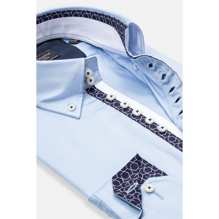 Camicia Uomo 2 Bottoni Button Down Slim Satin Unito Celeste