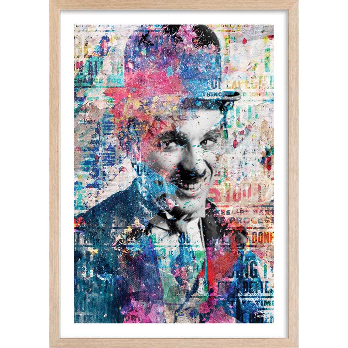 Affiche illustration graffiti chaplin Affiche + cadre en bois - Chêne