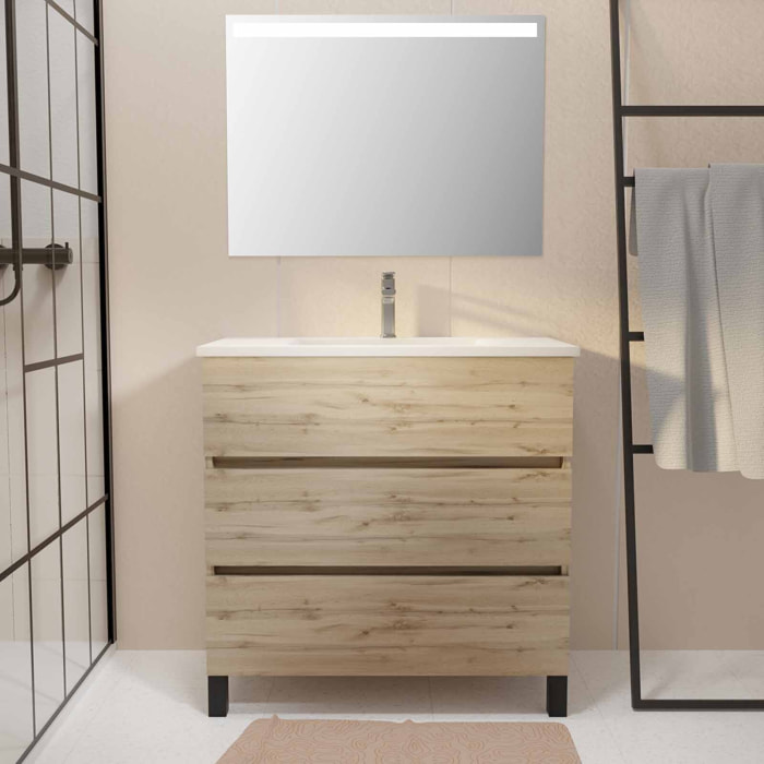 Pack Meuble SDB 80cm sur pieds 3 tiroirs Chene_Vasque blanche + Miroir Led - TIMBER 80_Pack46