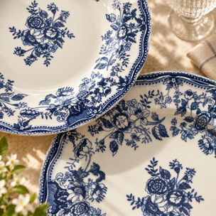 Lot de 6 assiettes plates 26cm fleuries en grès bleu  FAUSTINE