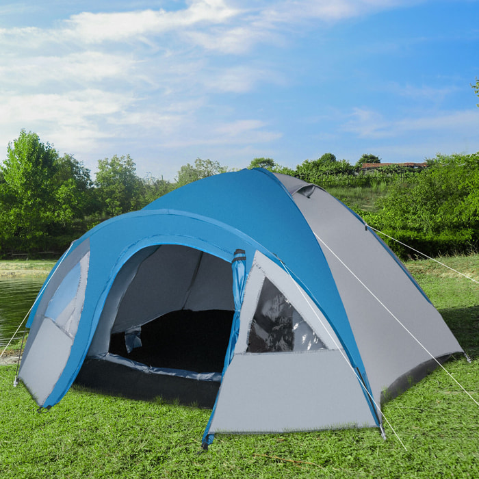 Tienda de Campaña para 3-4 Personas Tienda de Camping Doble Capa con Ventanas 2 Bolsillos y Bolsa de Transporte 250x300x130 cm Gris y Azul