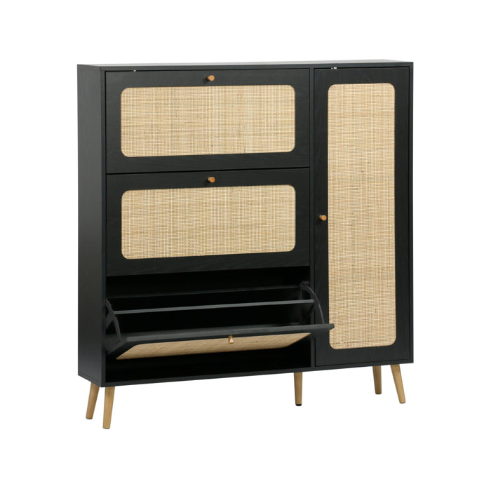Meuble à chaussure cannage Bohème noir. 3 tiroirs. 1 porte. 21 paires. 120 x 24 x 125 cm