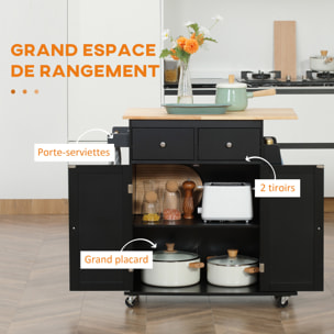 Desserte de cuisine multi rangements 2 tiroirs placard 2 portes avec étagère 3 range-bouteilles porte-torchons MDF noir hévéa