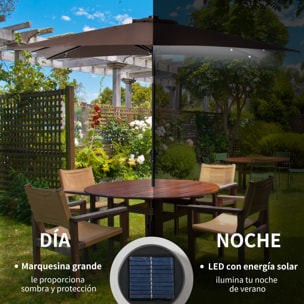 Sombrilla Terraza Exterior con Luces LED 268x205x248 cm Sombrilla de Jardín con Techo Inclinable hasta 45° Solares Poste de Acero y Manivela Parasol para Patio Terraza Marrón
