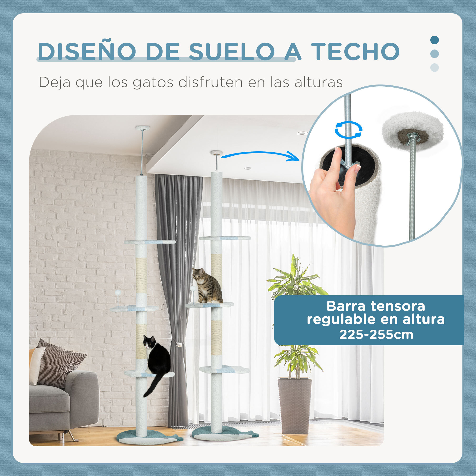 Árbol para Gatos de Suelo a Techo de 225-255 cm Torre para Gatos de Suelo a Techo Ajustable en Altura con 3 Plataforma de Forma de Ola Postes Rascadores y 1 Bola 55x38x225-255 cm Blanco