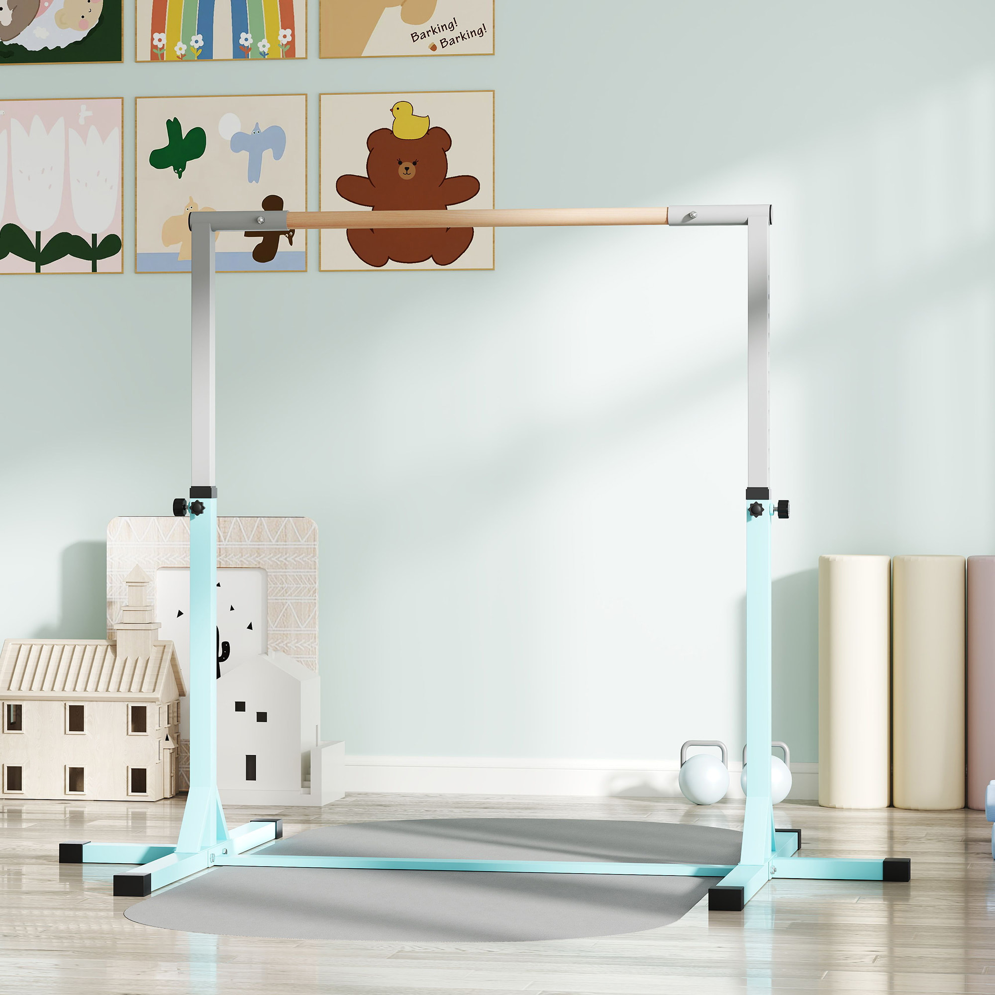 Barre fixe de gymnastique enfant - barre de gymnastique hauteur réglable 13 niveaux 92 à 150 cm - acier cyan bois massif hêtre