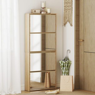 Zapatero Estrecho con Espejo, 4 Puertas Abatibles, Zapatero Entrada Recibidor para 12 Pares de Zapatos, para Pasillo, Espacios Reducidos, 63x17x146 cm, Natural