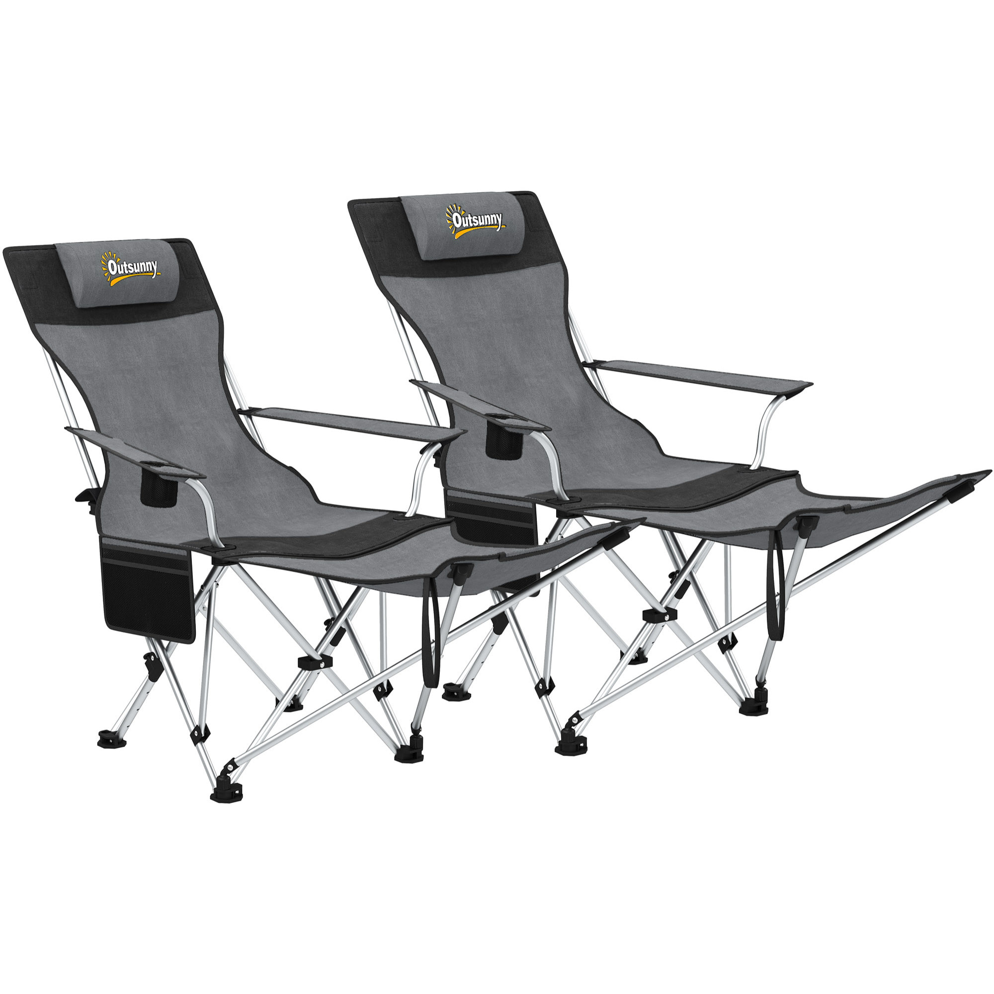 Lot de 2 chaises de camping pliantes - repose-pied amovible, rangements - sac transport - gris