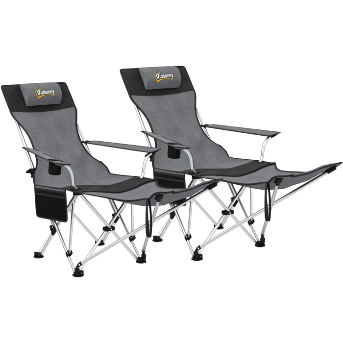 Lot de 2 chaises de camping pliantes - repose-pied amovible, rangements - sac transport - gris