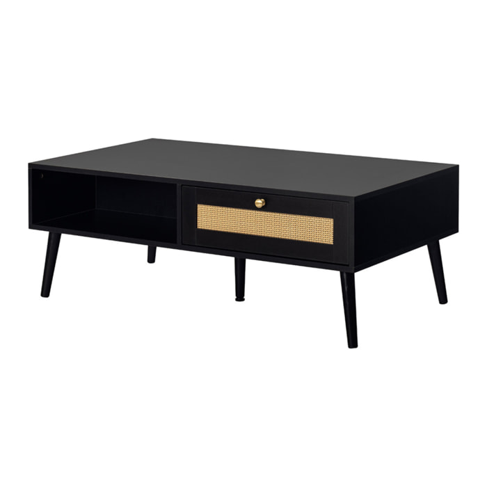 Goto - table basse - noir et cannage - 1 tiroir et 1 niche - 110 cm - Noir