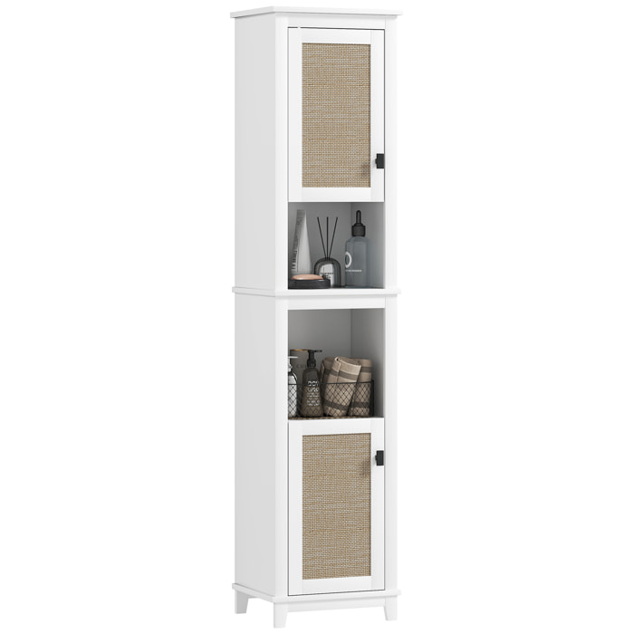 Columna de Baño con 2 Puertas con Frontal de Ratán Armario de Baño Boho con Estantes Ajustables y 2 Compartimentos 40x30x167,5 cm Blanco