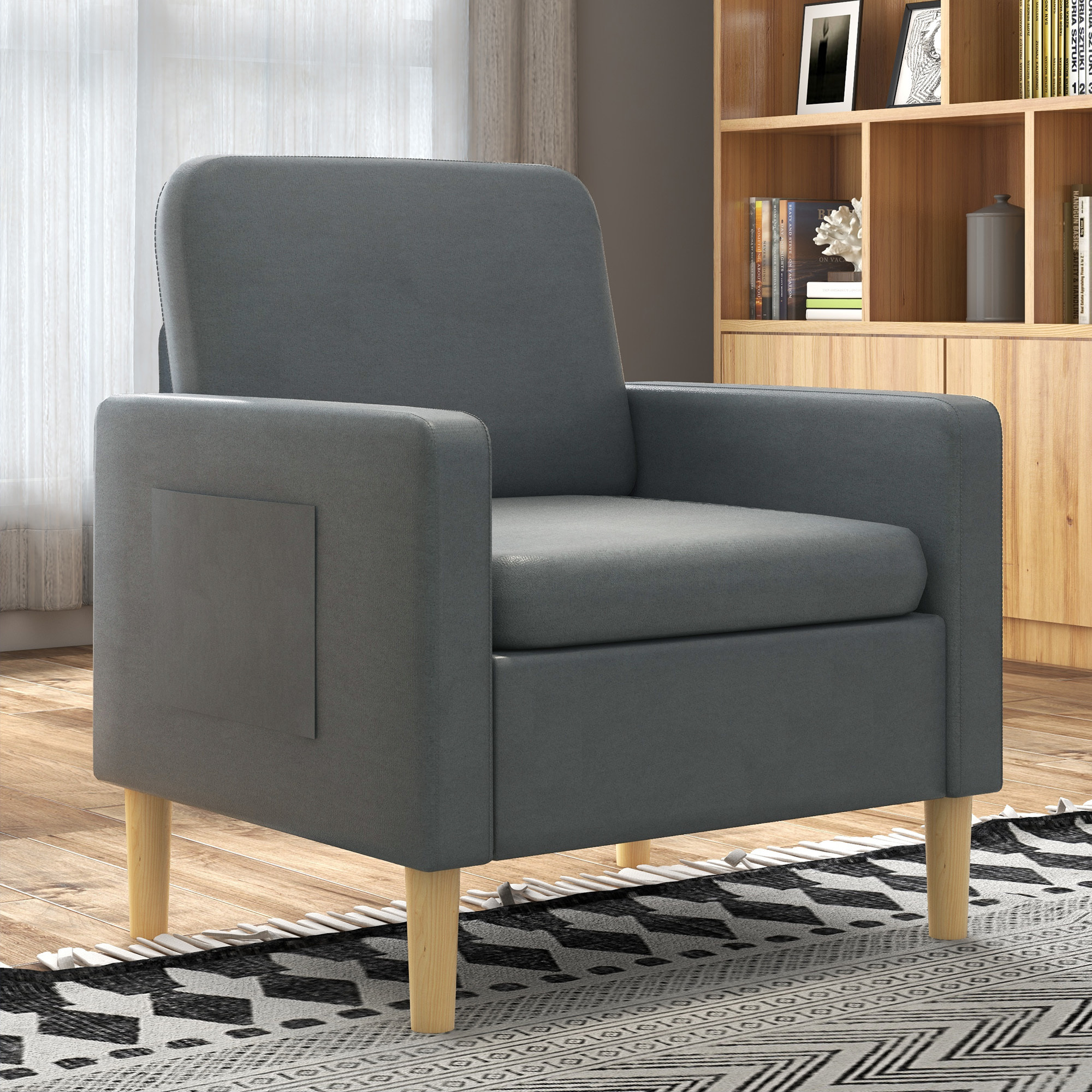 Butaca de Salón Sillón Relax con 2 Bolsillos Laterales Reposabrazos Asiento Acolchado y Patas de Madera Sofá Individual de Moderno para Dormitorio 73x79x87 cm Gris