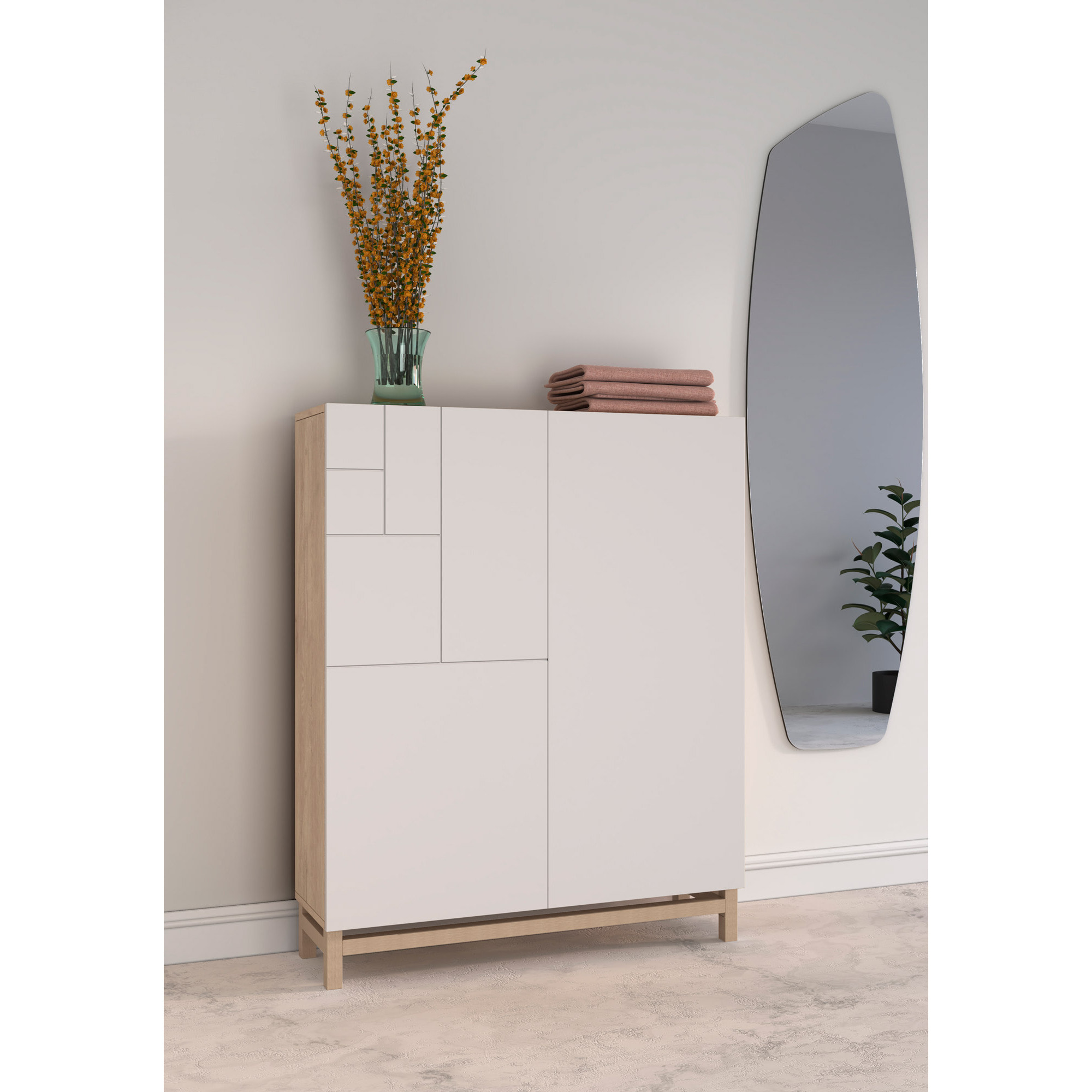 Zapatero melamina Volda roble claro puertas blanco patas roble 112x90x27cm