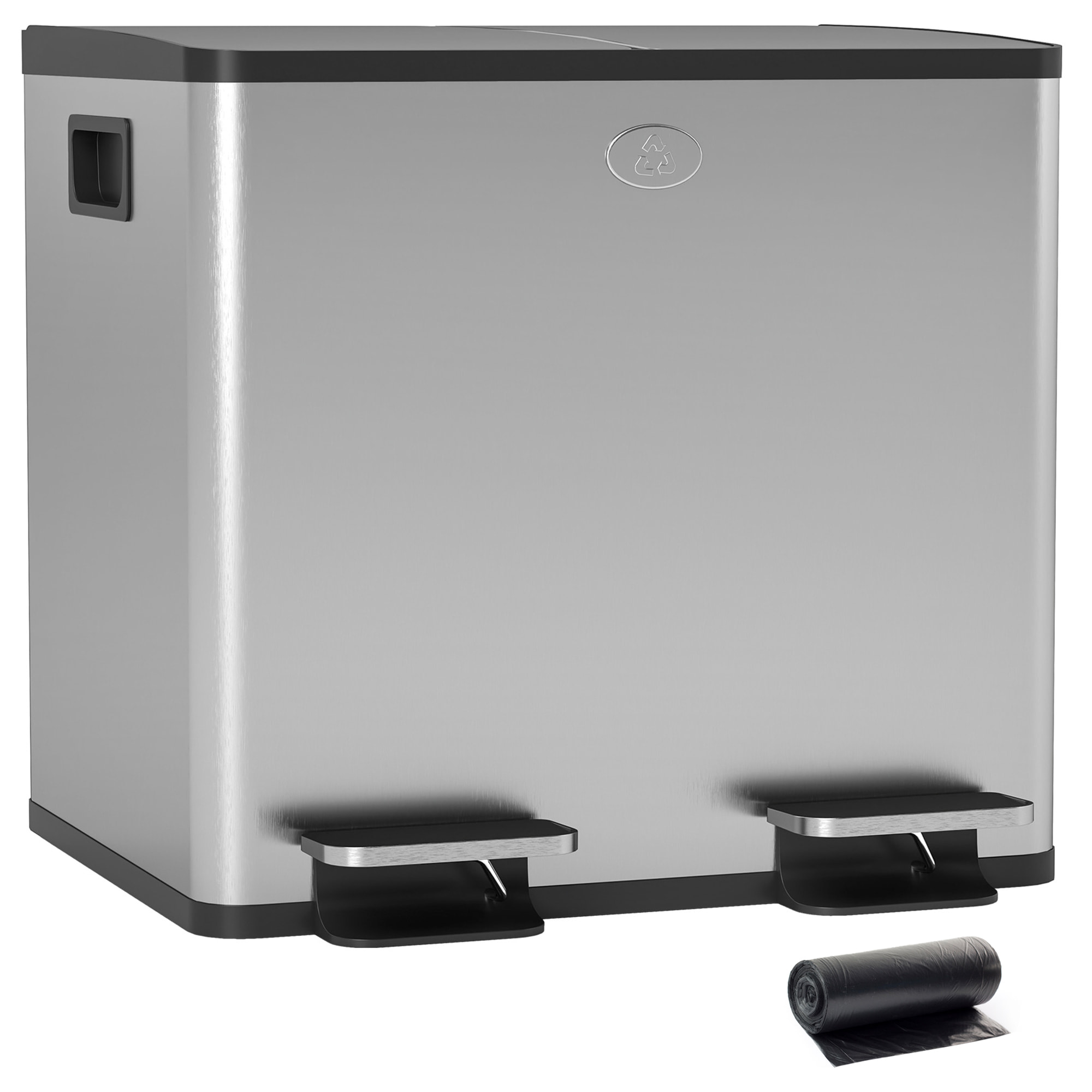 Cubo de Basura de Cocina con 2 Compartimentos 2x15L Papelera de Cocina de Acero Inoxidable con Pedales Tapas de Cierre Suave y Cubo Extraíble para Reciclaje Residuos Restos de Comida Plata